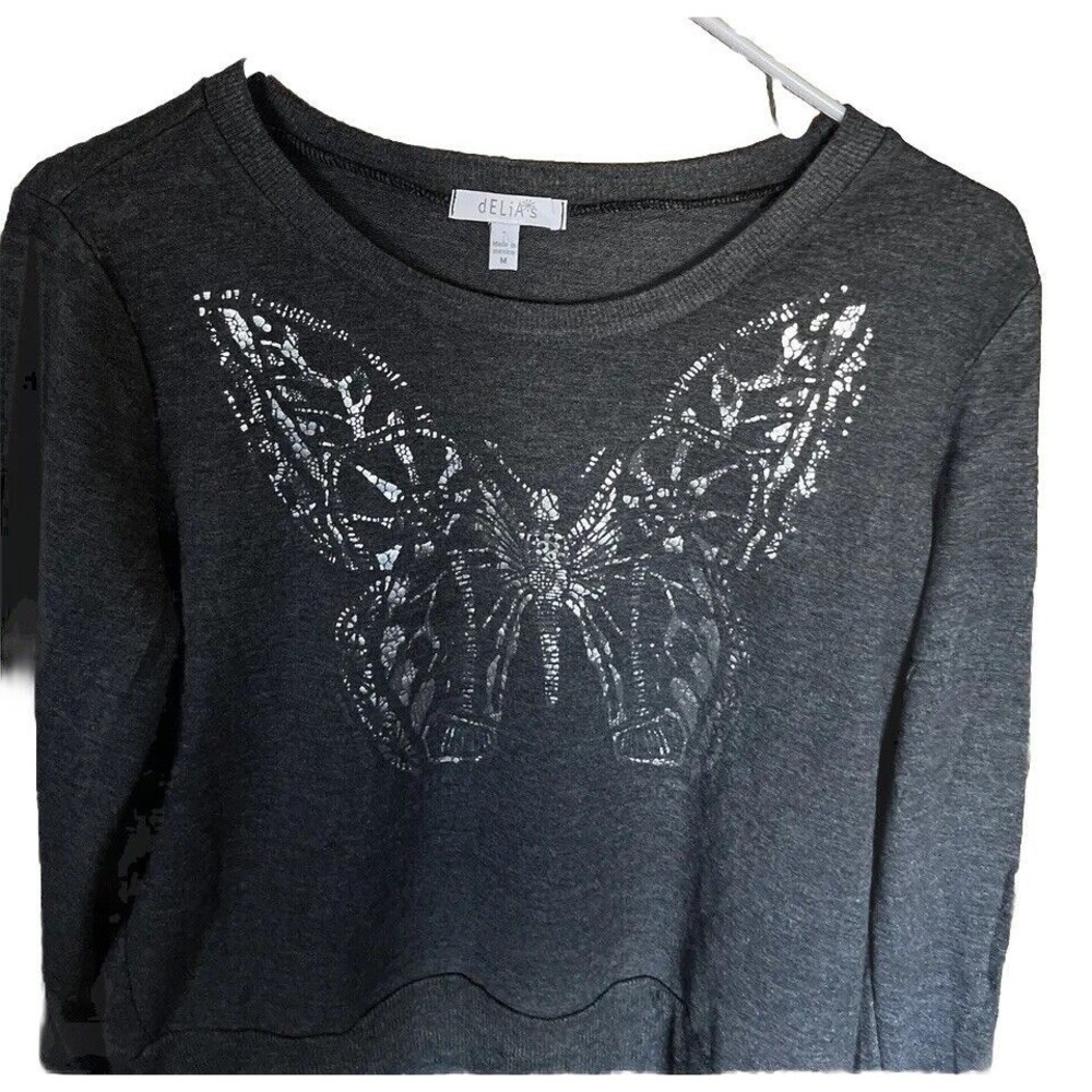 M Delias gray butterfly crop sweater made in Mexico cotton/polyester/spandex